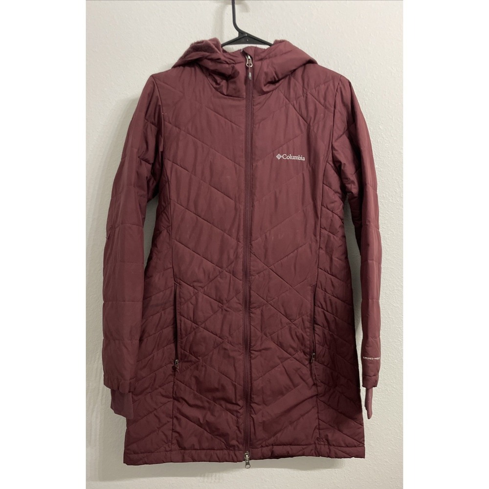 Columbia Women's Size S Burgundy Hooded Full Zip Puffer Long Jacket Omni-Heat